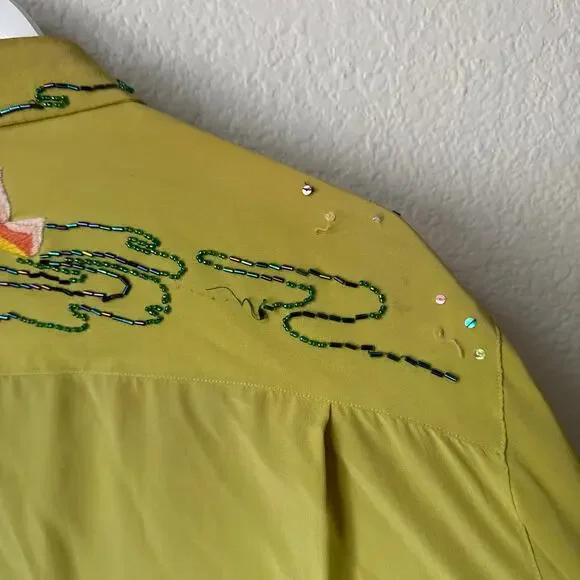 Vintage Green Silk Sequin Embroidered Rainbow Frog Button Up Top - Picture 7 of 8